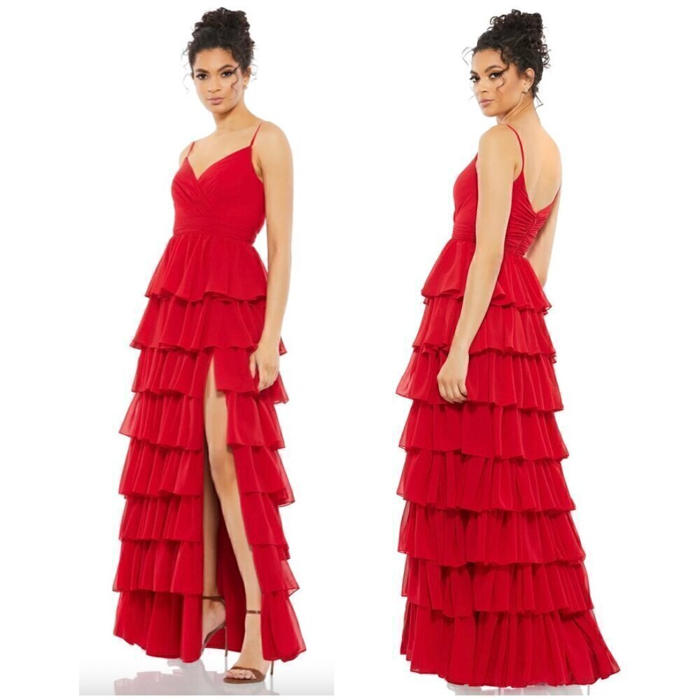 MAC DUGGAL Tiered Ruffle Empire Waist Chiffon Gown in Red Size US 4